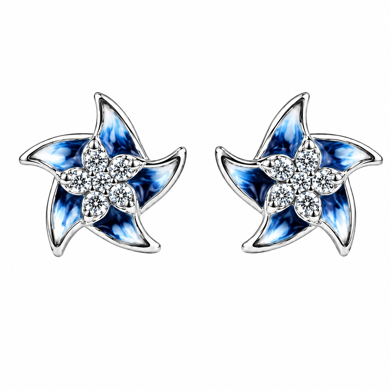 Blue Enamel Pinwheel Flower Stud Earrings