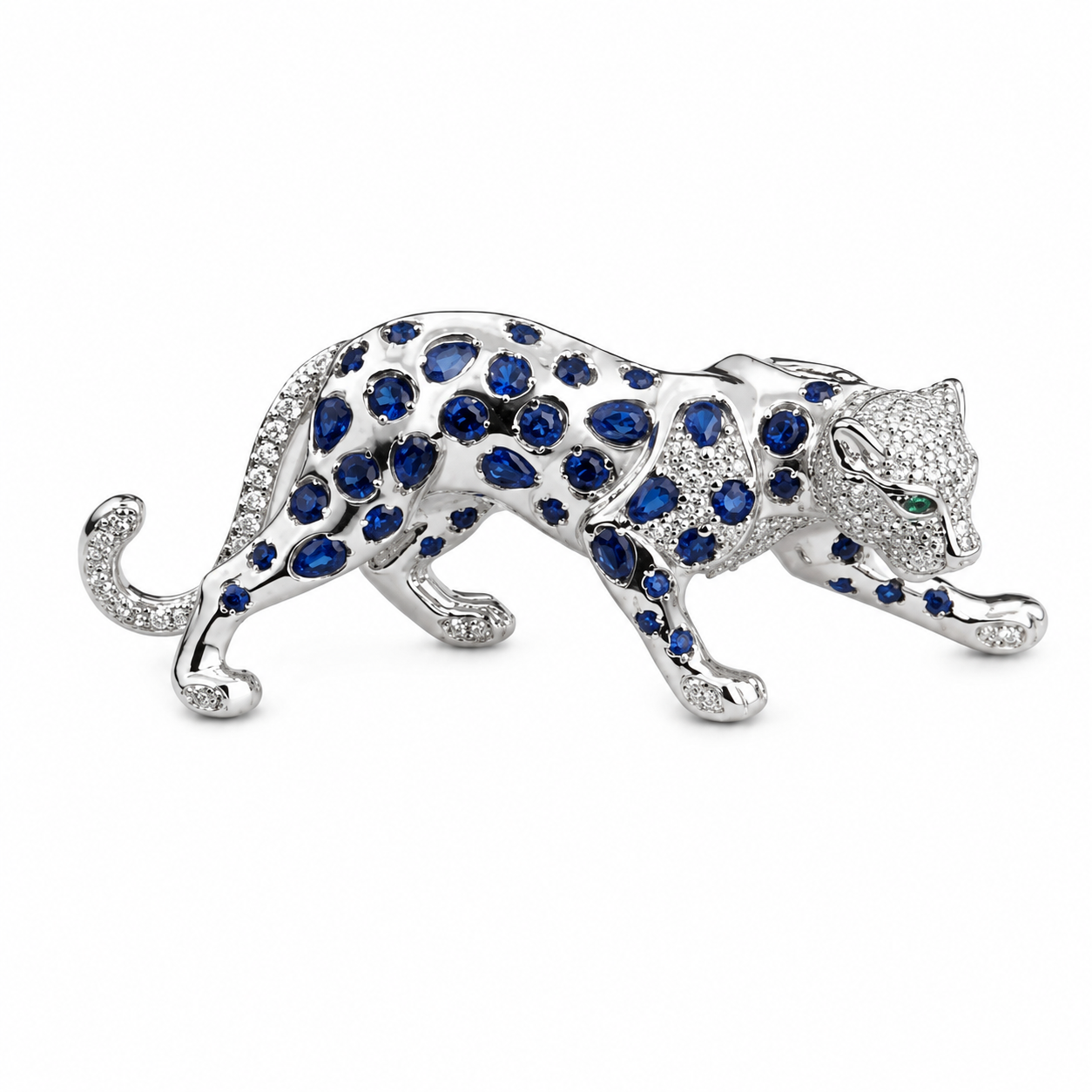 Blue Sapphire Leopard 925 Silver Brooch