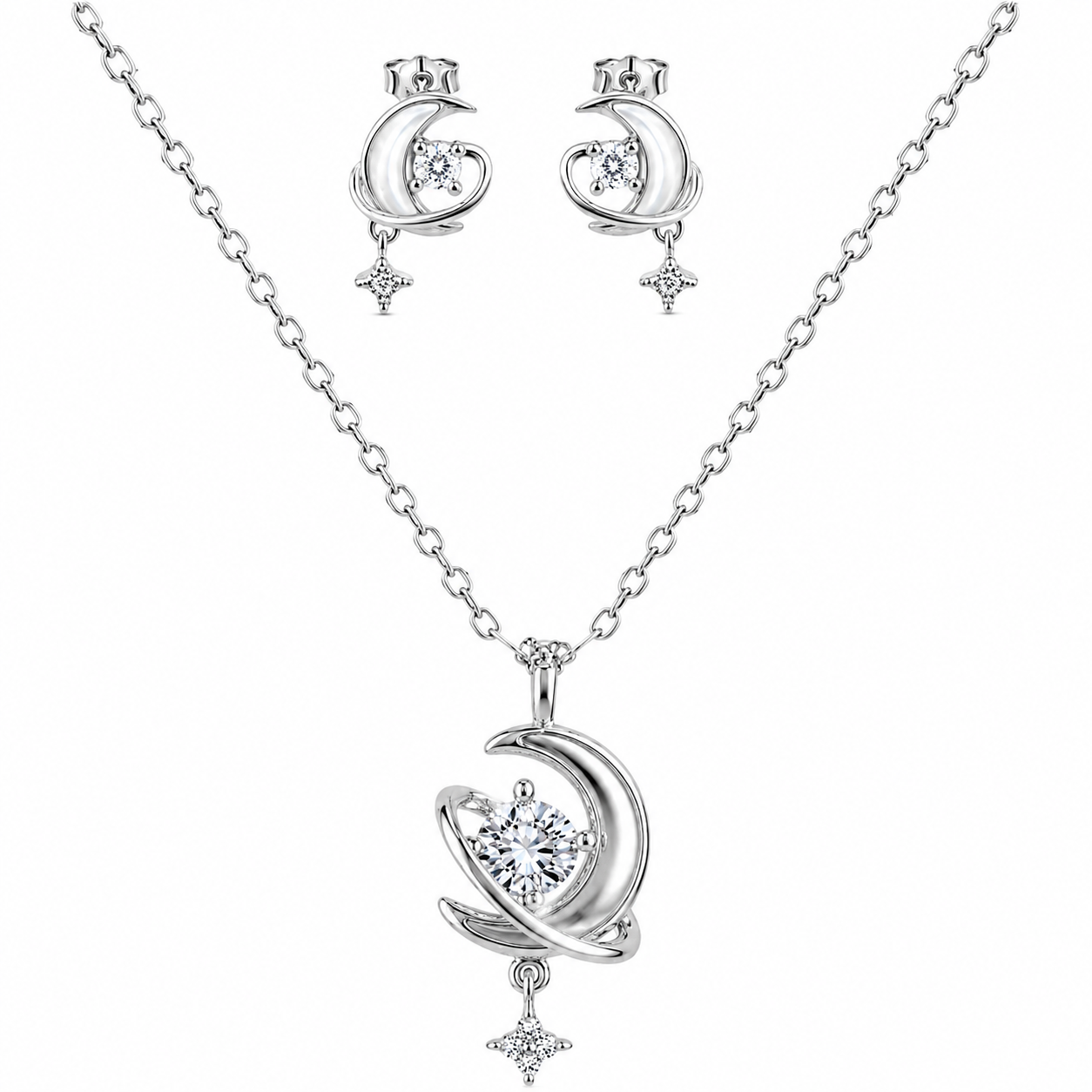 Celestial Moon & Star 925 Silver Pendant Set