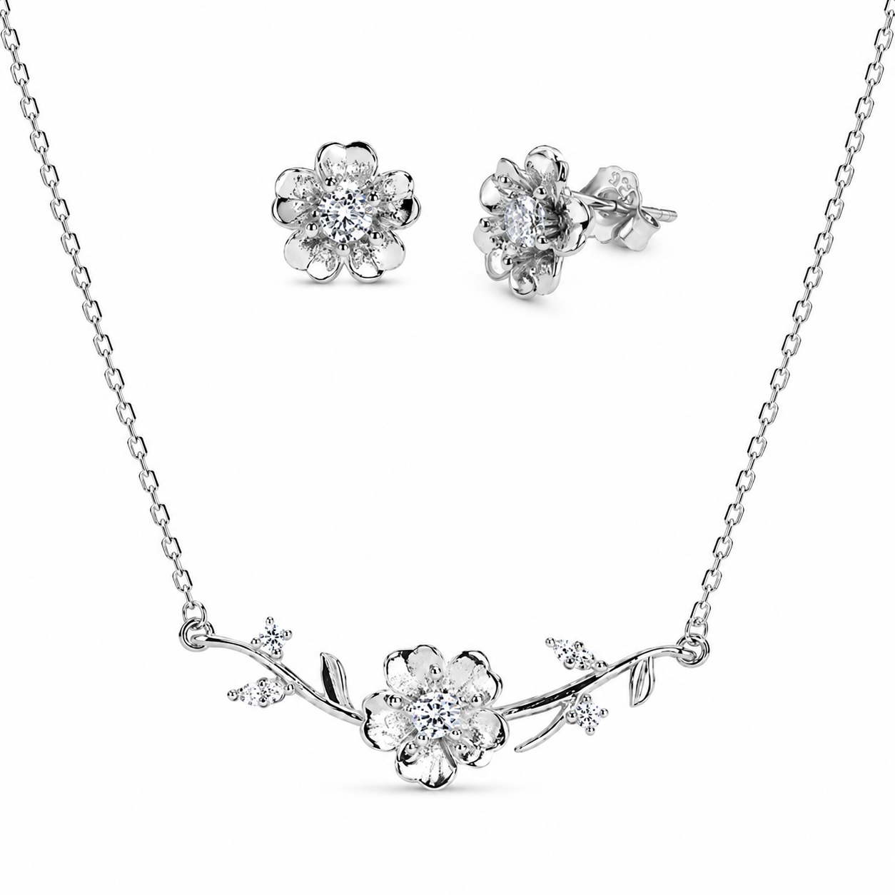 Cherry Blossom Floral 925 Silver Pendant Set