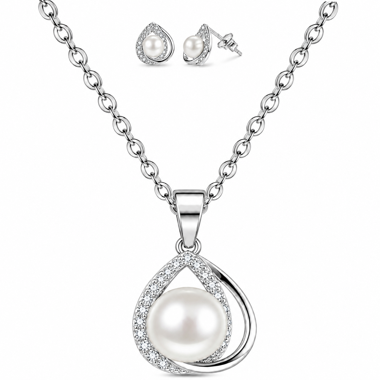 Classic Pearl Teardrop 925 Silver Pendant Set
