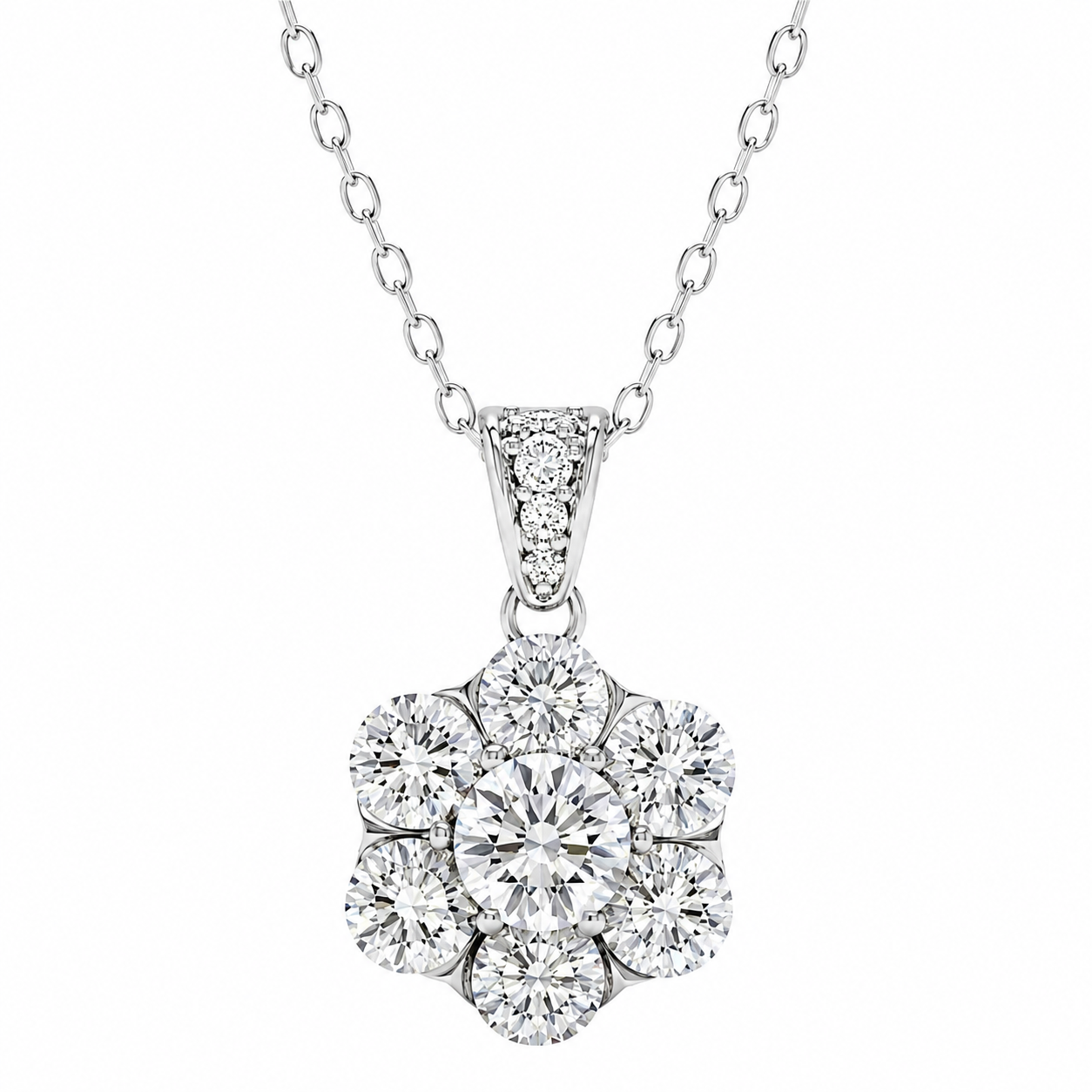 Diamond Flower Cluster 925 Silver Pendant Chain