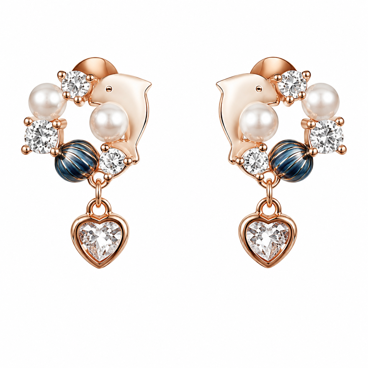 Dolphin Pearl Heart Drop Earrings