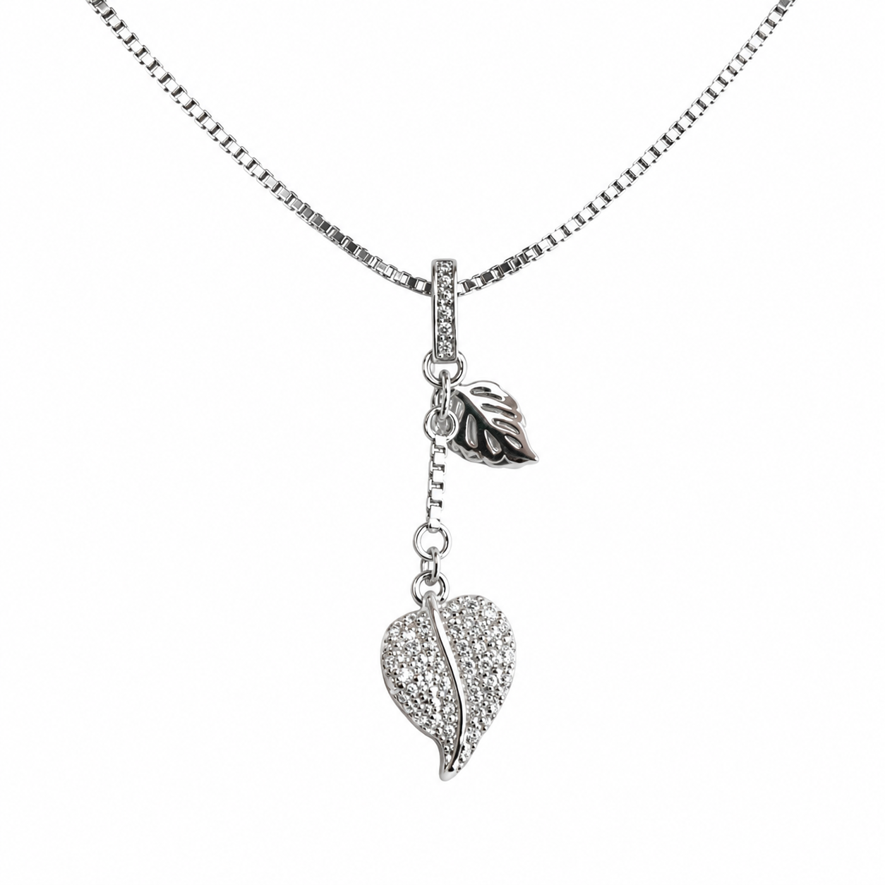 Dual Leaf Drop 925 Silver Pendant Chain