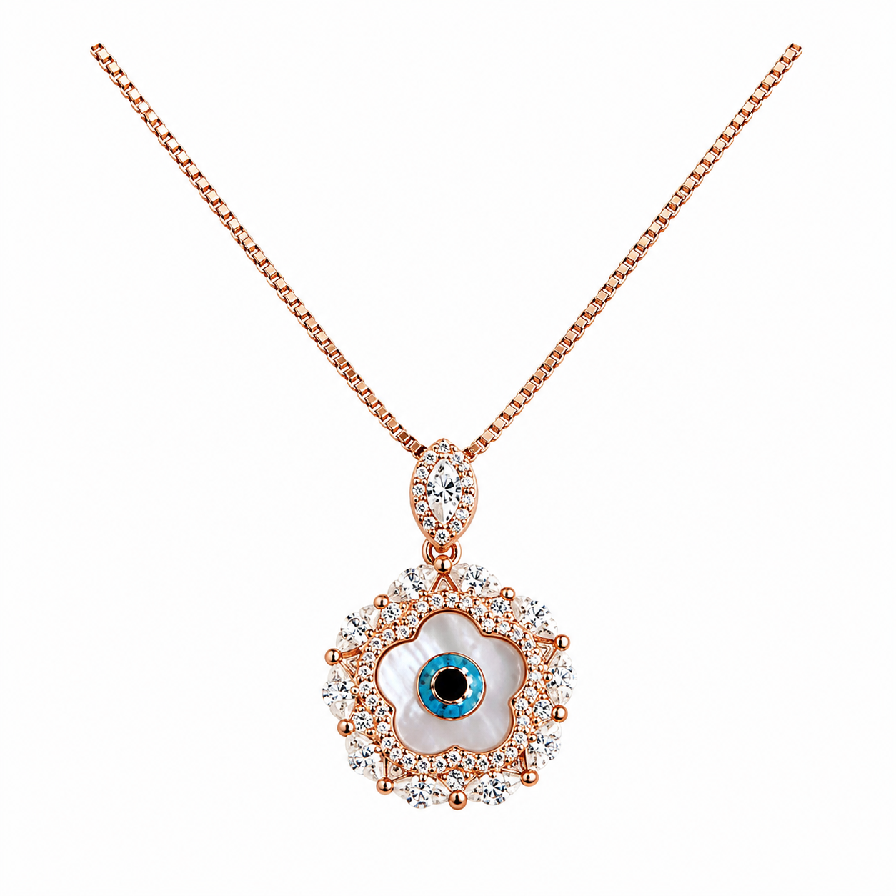 Evil Eye Rose Gold Crystal 925 Silver Pendant Chain