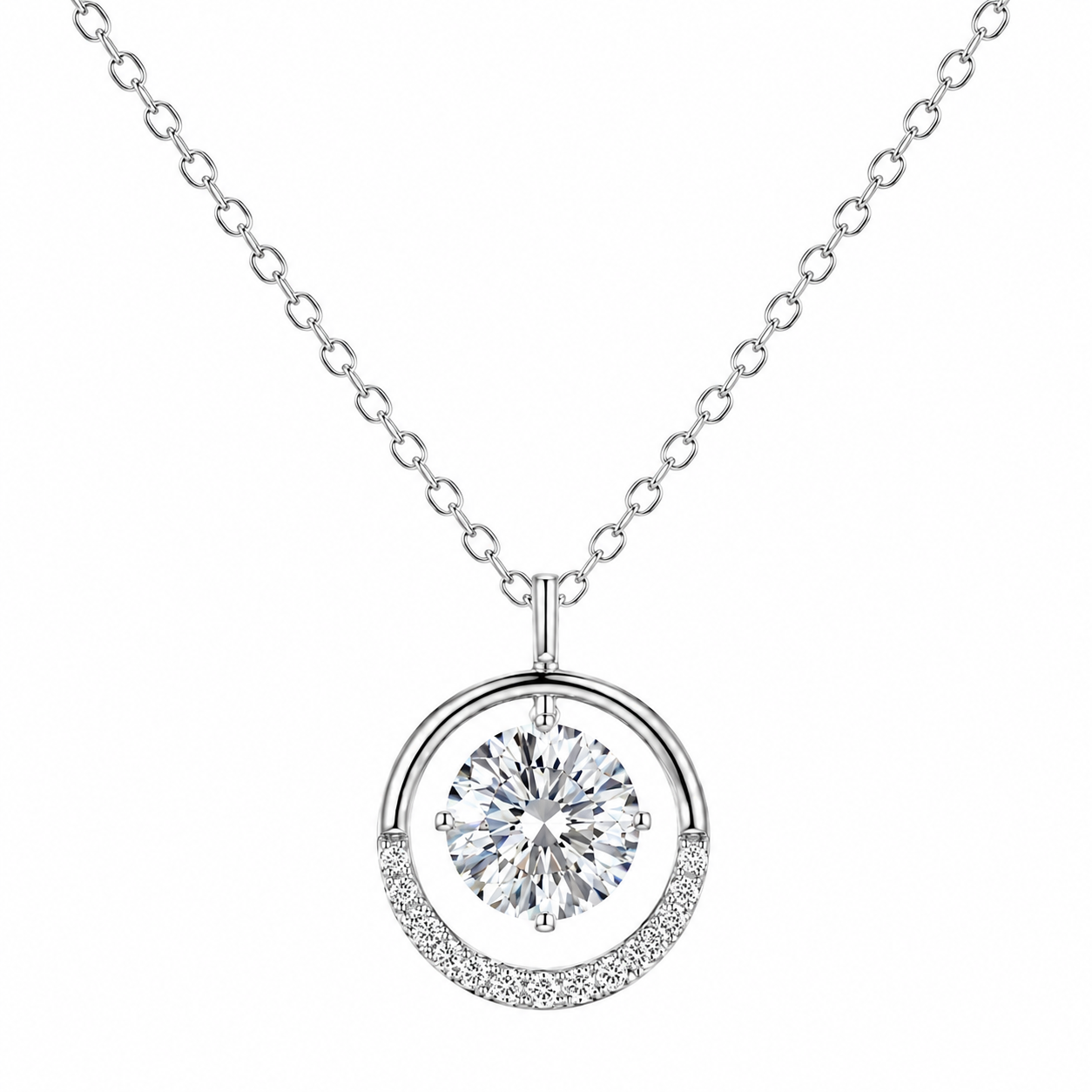 Floating Solitaire Circle 925 Silver Pendant Chain