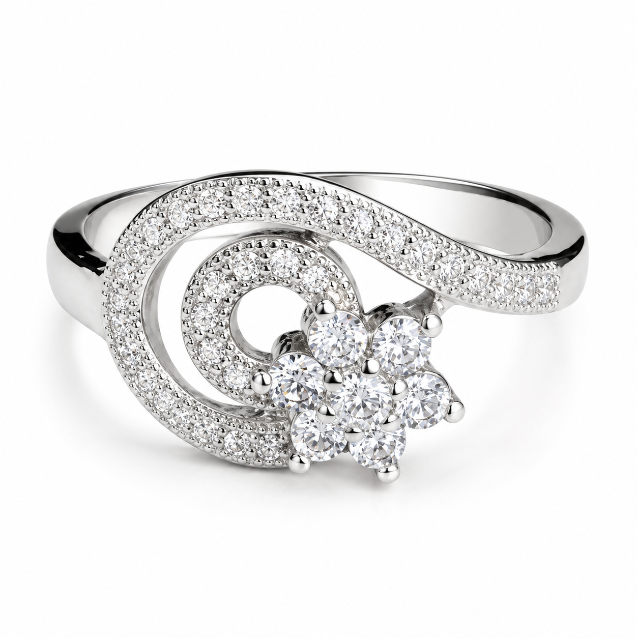 Floral Swirl Pavé 925 Silver Ring