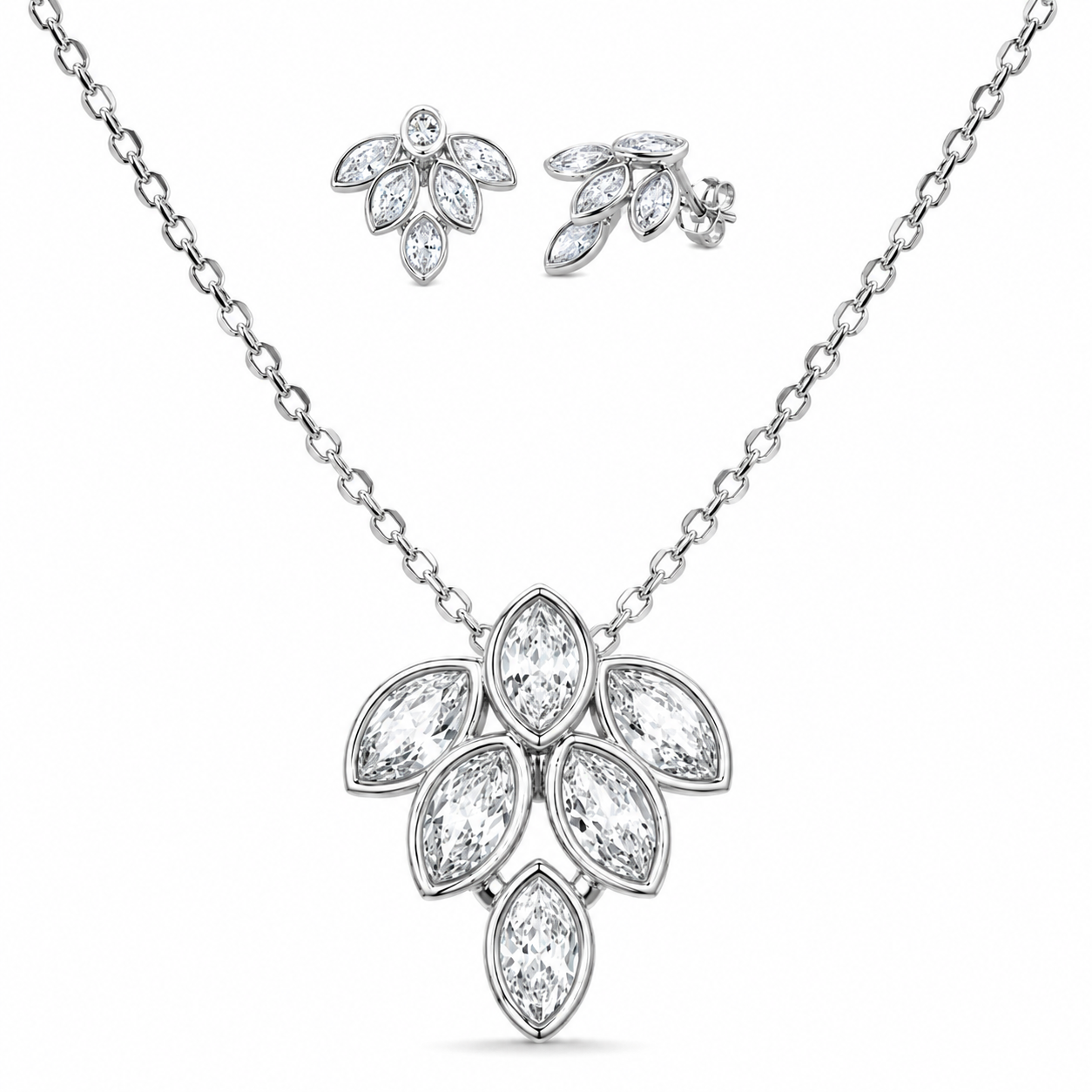 Marquise Crystal Floral 925 Silver Pendant Set