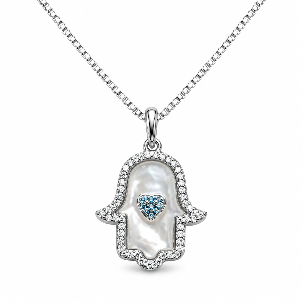 Mother of Pearl Hamsa 925 Silver Pendant Chain