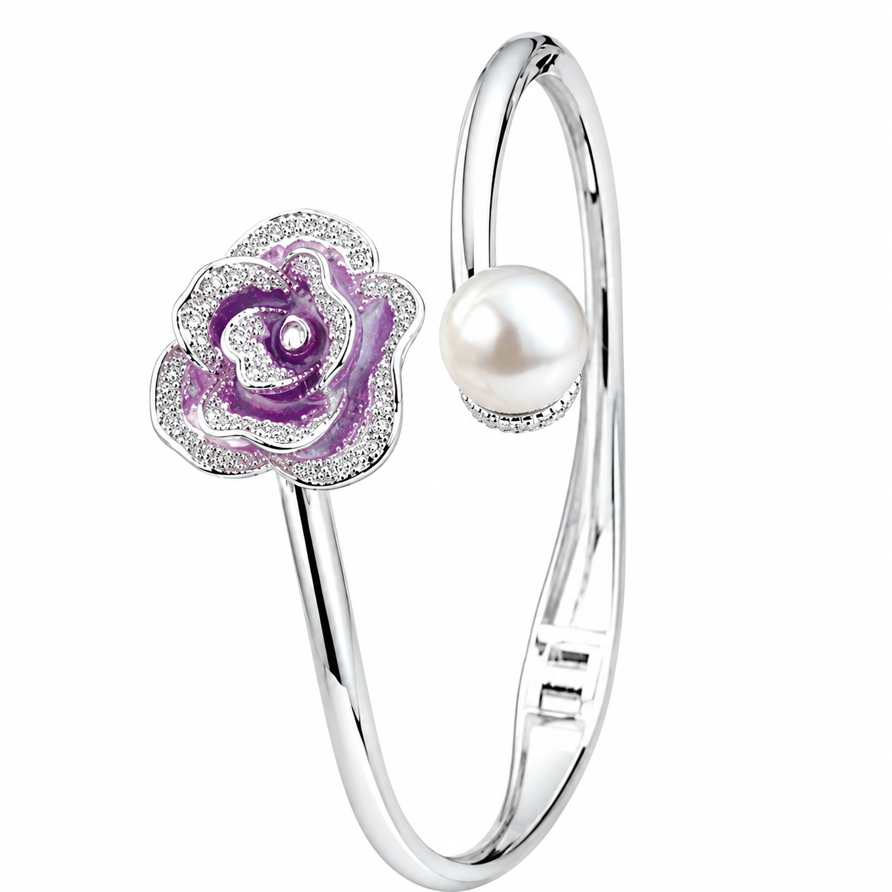 Purple Enamel Rose & Pearl Open Bangle