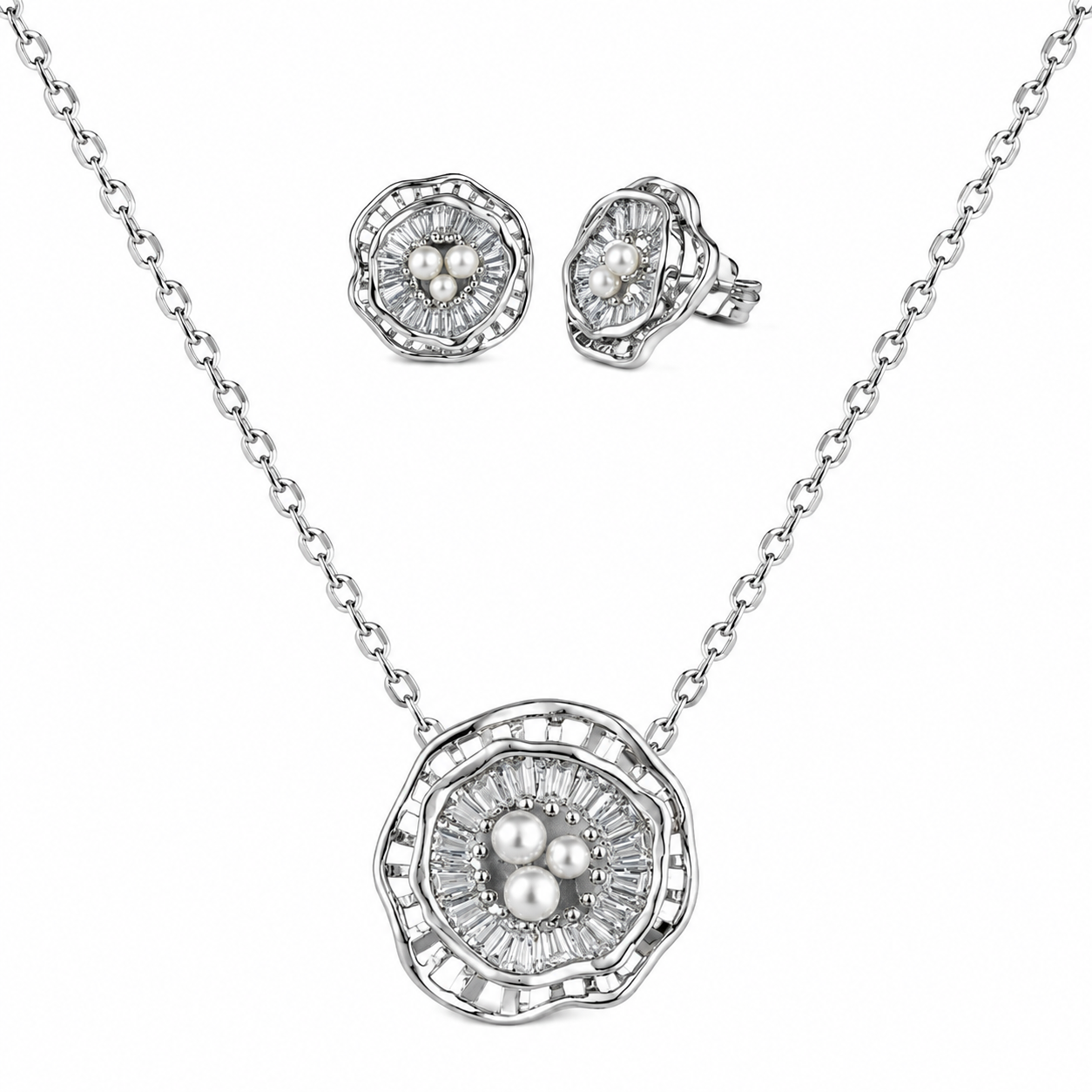 Radiant Pearl Halo 925 Silver Pendant Set