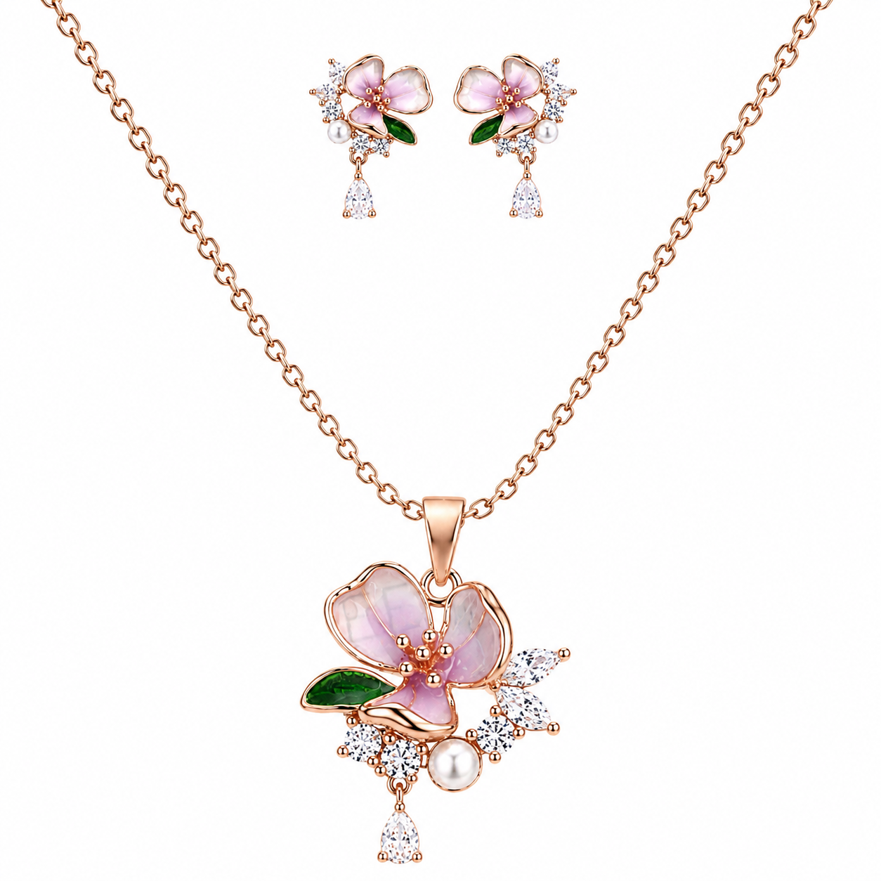 Rose Gold Enamel Blossom 925 Silver Pendant Set