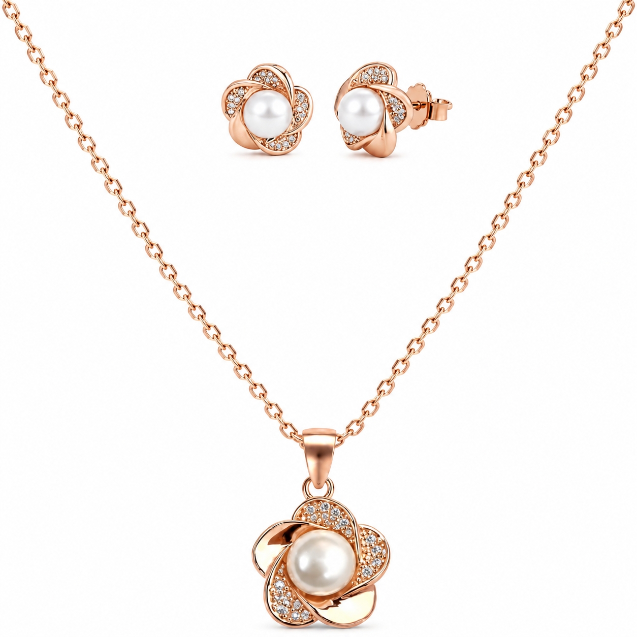 Rose Gold Floral Pearl 925 Silver Pendant Set