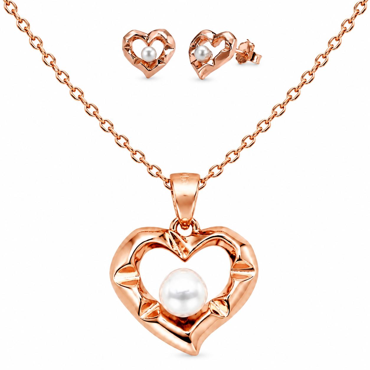 Rose Gold Heart Pearl 925 Silver Pendant Set