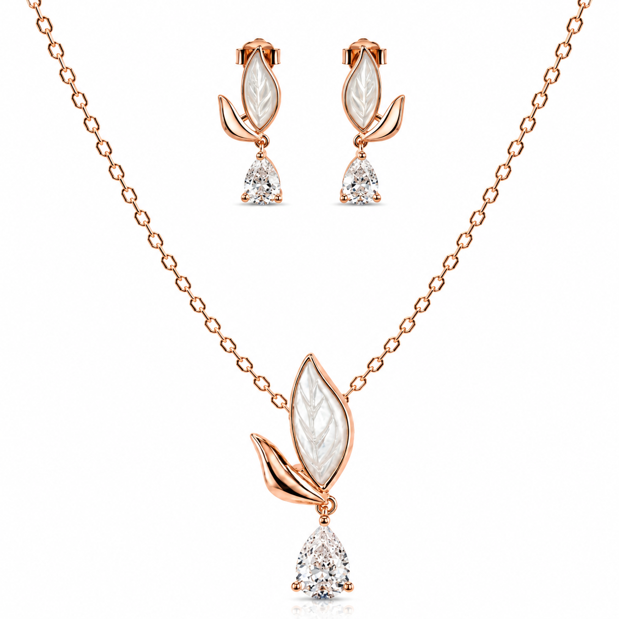 Rose Gold Leaf Pearl Drop 925 Silver Pendant Set