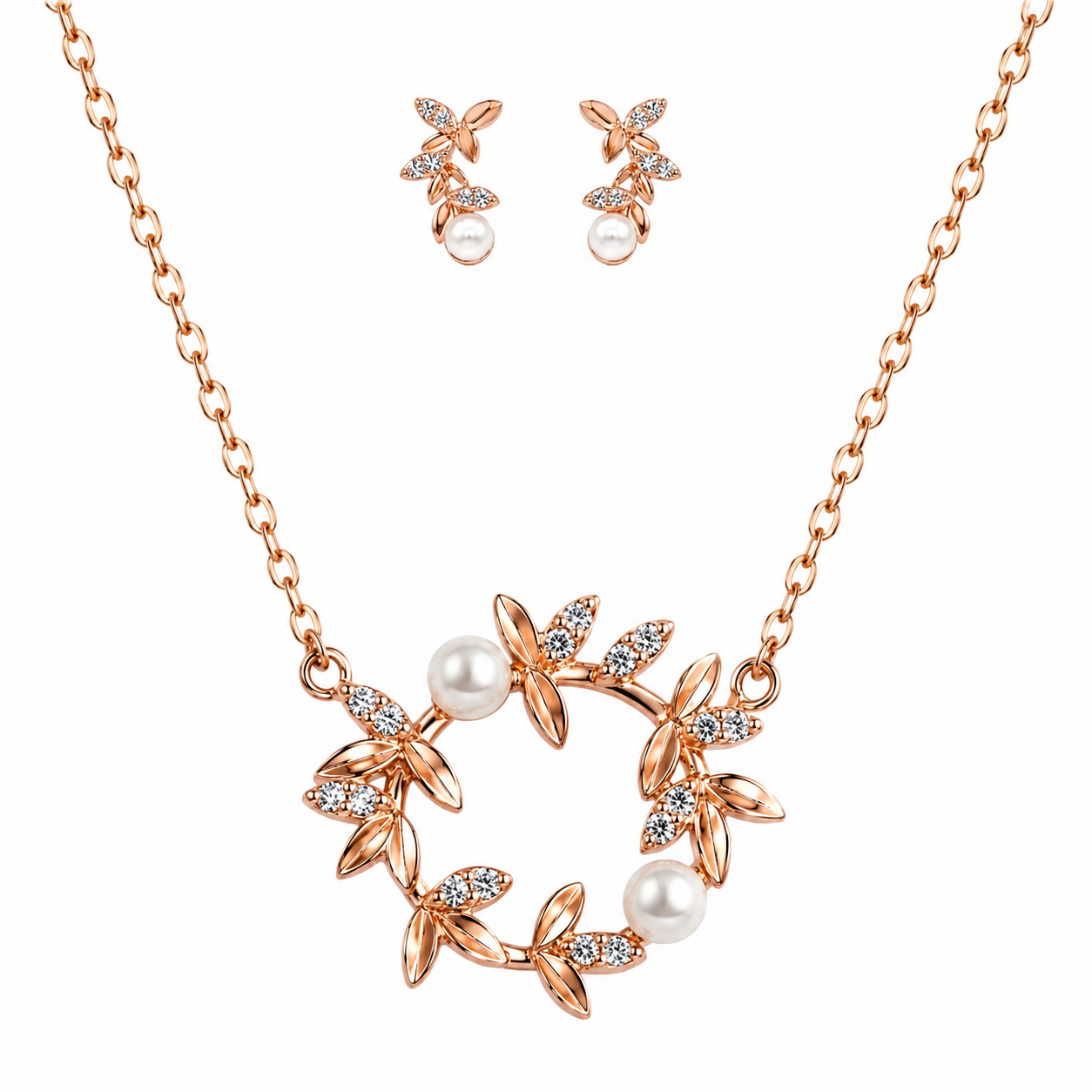 Rose Gold Pearl Wreath 925 Silver Pendant Set