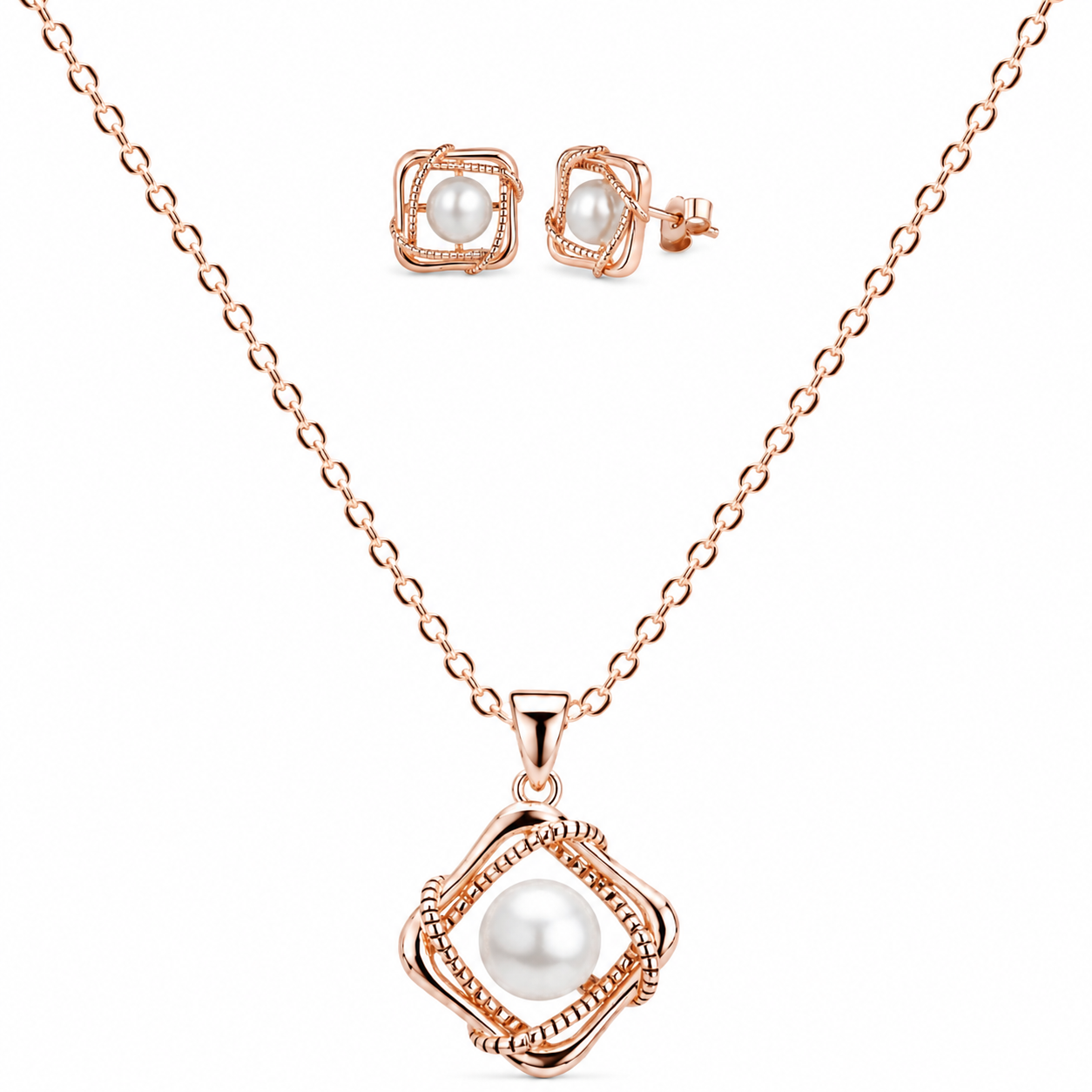 Rose Gold Square Pearl 925 Silver Pendant Set