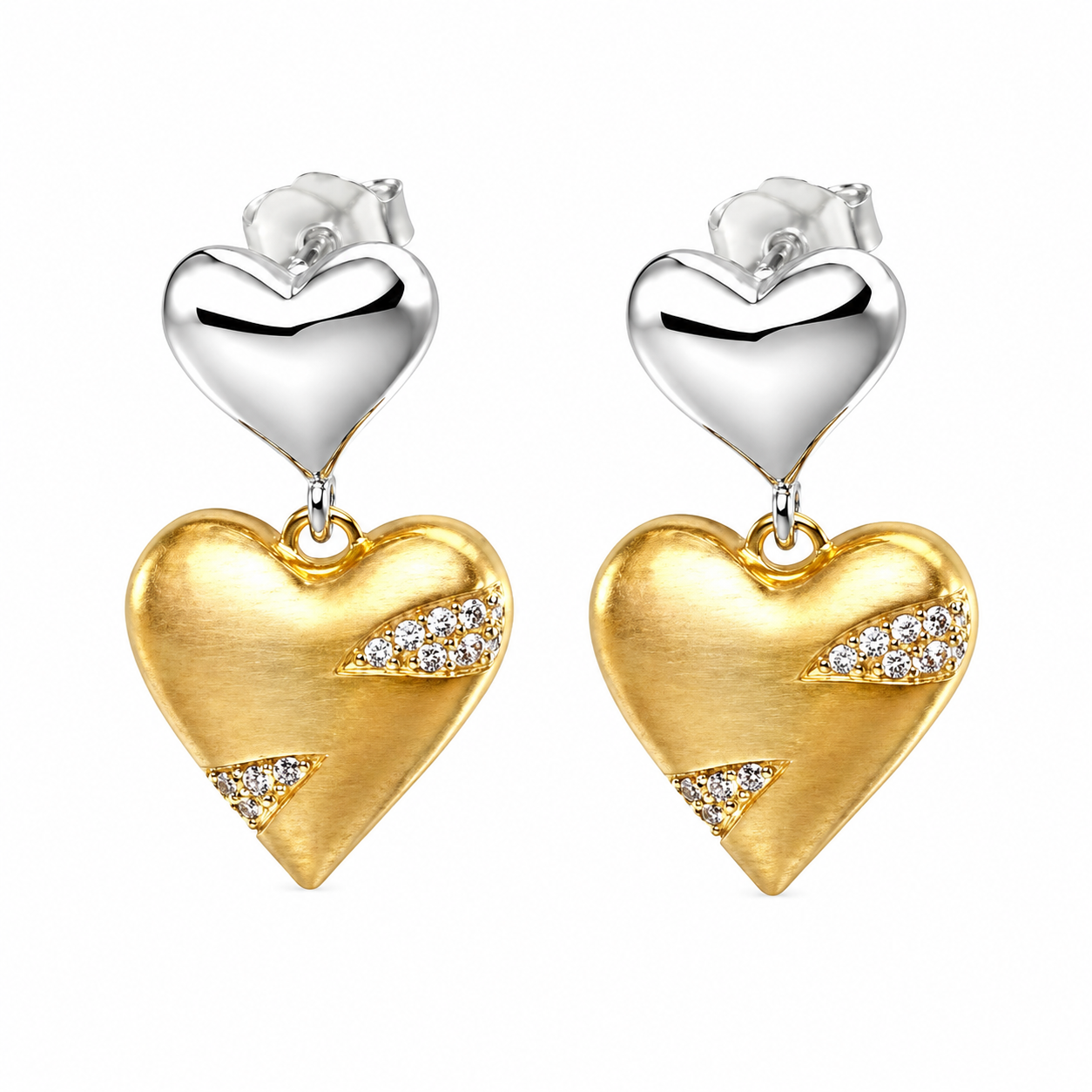 Two-Tone Brushed Heart Drop Earrings